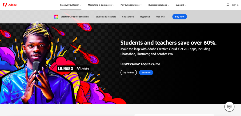 For all creative and design college students, you can receive a ton of Adobe tools for a discounted price. Instead of the regular price of $52.99 a month, you can pay $19.99 a month with a valid school email or school ID.